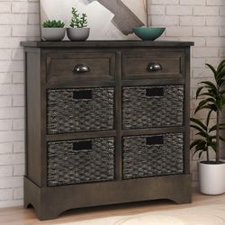 P PURLOVE Storage Chest Retro Style Storage Cabinet Storage Unit With 2 Wood Drawers And 4 Wicker Baskets (Gray)