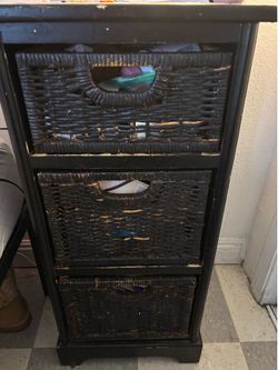 Black Nighstand/Black Wicker storage cabinet with 3 drawers