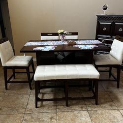  Brown 6 Pc Counter Height Dining Room with Beige Bench and Barstools 