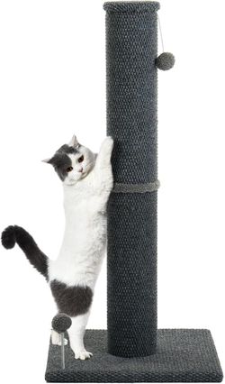 Cat Craft 41" Cat Scratching Post, Dark Gray | Short Plush Fabric, Stable Wide Base, Replaceable Hanging Ball, Full Stretch Design
