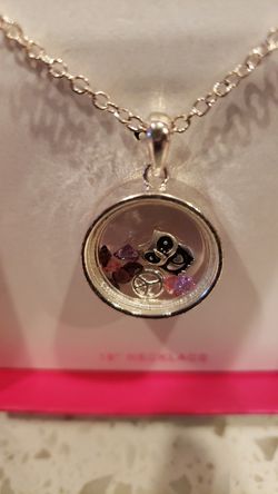 18" Enclosed Locket Necklace Owl, Peace Sign and Purple and Pink Rhinestones