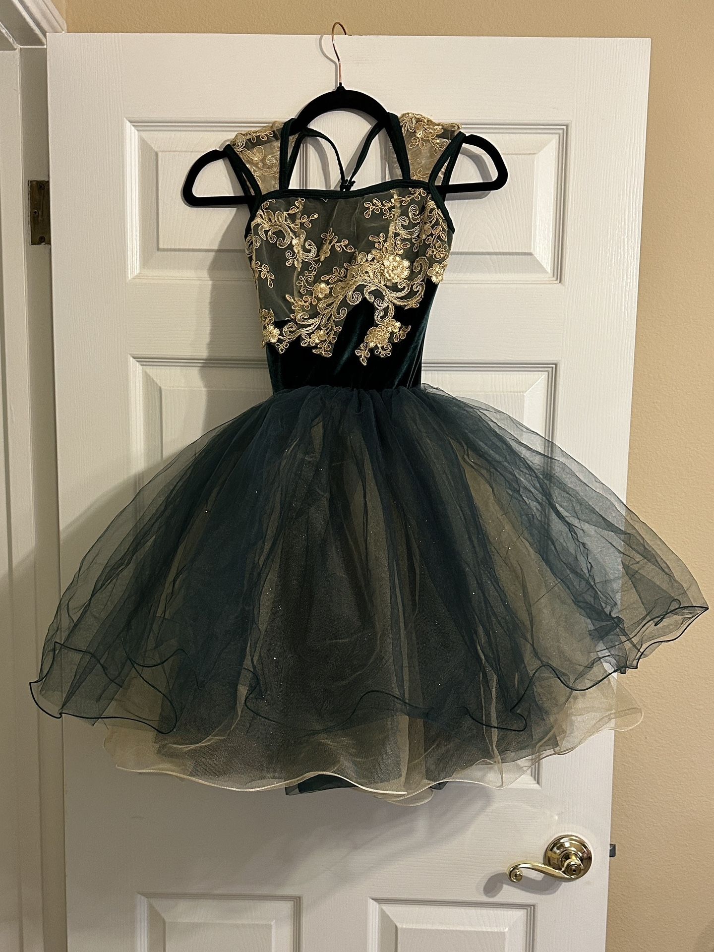 Revolution Dancewear Velour and Tulle Ballet Costume Dress Green and Gold