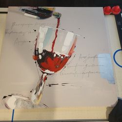 contemporary scene of red wine being poured into a glass, characterized by its loose, expressive brushstrokes and a neutral background featuring faint