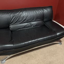 2-Piece Vintage Nicoletti "Salotti" Black Leather & Chrome 2-Seater Sofa