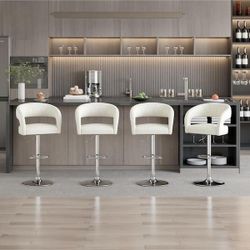 25.59 in. H White Metal Bar Stools with Faux Leather Seat Set of 4 Adjustable Kitchen Island Stools with Footrest
