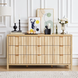 58.5" Wide 9 Drawer Dresser with Wave Fluted, Mid Century Storage Dresser Chest of Drawer for Bedroom, Natural