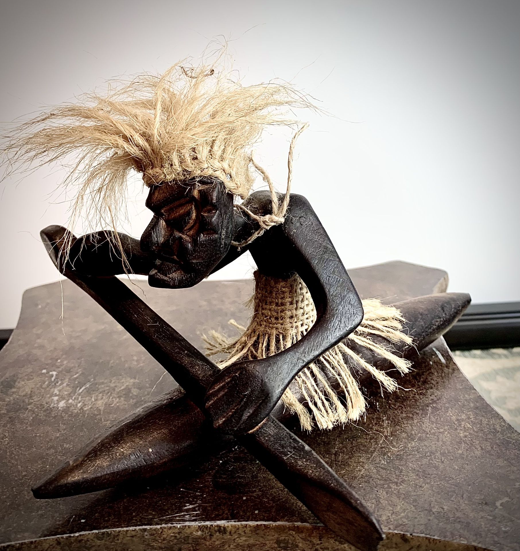 African hand crafted wood art sculpture vintage canoe rider; H5.5xW7.5xD9 inch Lbs 0.32 Collectible African wood art (Ghana or Kenya) Check our listi