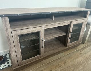 Gray Wash wood Finish Console Cabinet with Glass Doors