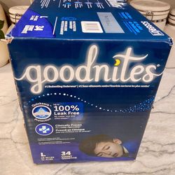 Large Goodnites Nighttime bedwetting underwear. Size L, fits 68-95 LBS. Box has 34 count. 
