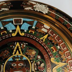 Vintage Mexico Mayan Aztec Brass And Enamel Wall Hanging Plate Mayan Calendar
