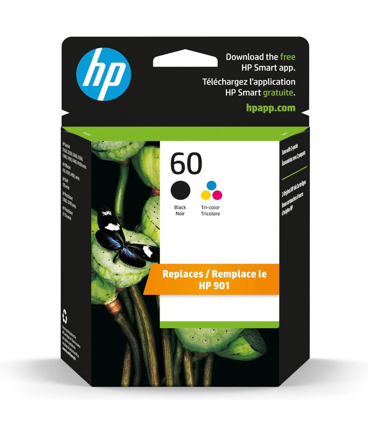 HP 60 Black/Tri-color Ink Cartridges Combo Pack, Works with DeskJet D1660, D2500, D2600, D5560, F2400, F4200, F4400, F4580; ENVY 100, 110, 120; PhotoS