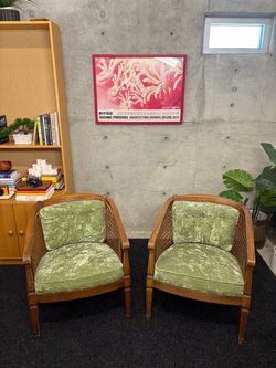 PAIR OF VINTAGE BAMBOO CANE BARREL RATAN CHAIRS (DELIVERY AVAILABLE)