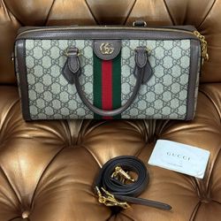 Gucci Ophidia Boston Bag GG Coated Canvas Medium Strap Booklets Shoulder Bag Purse
