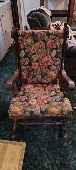Vintage Wood Rocking Chair Floral Upholstery
