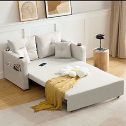Cream Pull-Out Sofa Bed with USB Ports