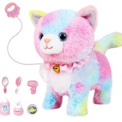 Interactive Electronic Plush Toy Walking and Barking Robot Cat Plush Cat Remote Control Kitten for Girls (Colorful Cat)
