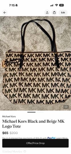 Michael Kors Black and Beige MK Logo Tote