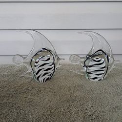 Vintage Murano Art Glass Fish Figurine Black and White Zebra Striped set of 2