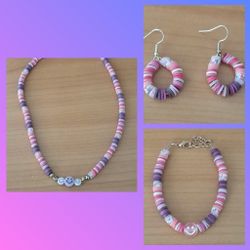 Pink & Purple Beaded Smiley Face Necklace, Earrings & Bracelet Set 