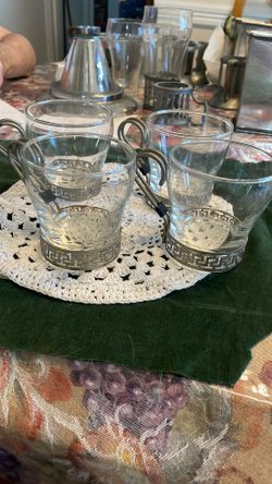 Four Libby Demitasse Glasses  With Silver Greek Key Design