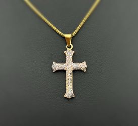 14k solid yellow gold white gems Cross Pendant charm