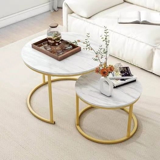 Round Coffee Table Set of 2 End Tables for Living Room,Circular and Marble Nesting Coffee Table Wooden Accent Furniture with Golden Metal Frame,Stacki
