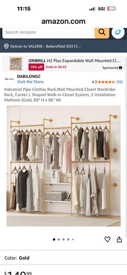 Industrial Pipe Clothes Rack,Wall Mounted Closet Wardrobe Rack, Corner L Shaped Walk-in Closet System, 2 Installation Methods (Gold, 80" H x 86" W)