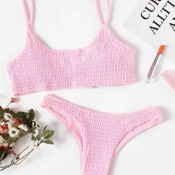 Verdusa 2 Piece Textured Smocked Wireless Bikini Bandeau Thong Swimsuit Pink L