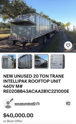 NEW UNUSED 20 TON TRANE INTELLIPAK ROOFTOP UNIT 460V M# RE020BB43ACAA2B1C221000E