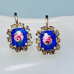 Vtg  Pink Rose Guilloche Rhinestone Earrings
