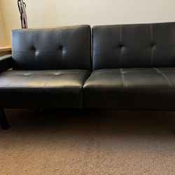 Futon Sofa Convertible Full Bed- Black Faux Leather