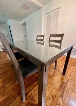 Gray Dining Set for 6 – Table, Chairs & Bench w/ Glass Top