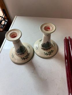 Vtg Pair of Spode Christmas Candle Holders w/2 10” Red Candles OBO