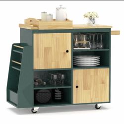 Kitchen Island Cart, Kitchen Bar & Serving Cart Rolling on Wheels with Spice Rack Towel Holder Utility Storage Trolley with Storage Drawers, Green