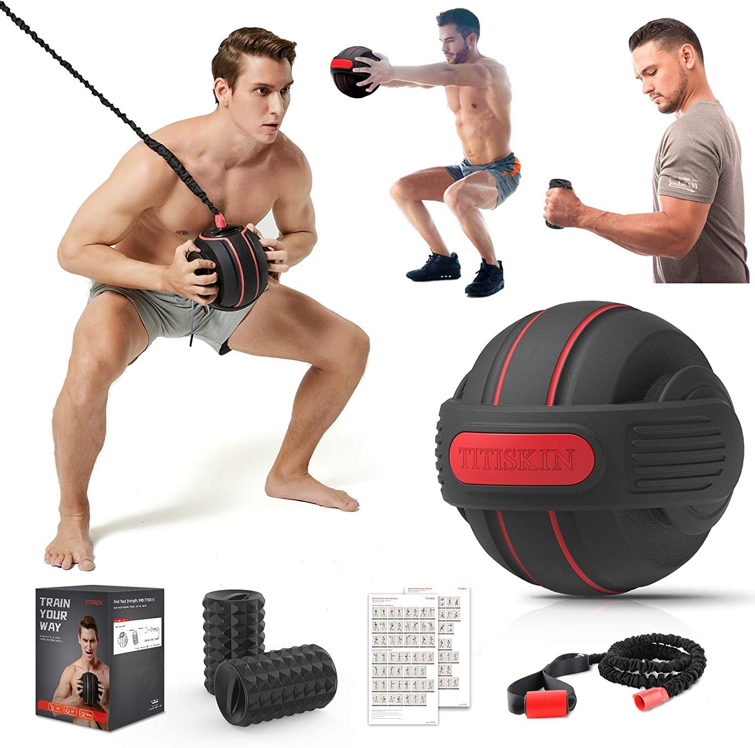 TITISKIN All-in ONE Home Gym Workout Equipment with Weighted Fitness Ball, Resistance Band Handles,Modular Dumbell,Foam Roller - Total Body Workout Ma