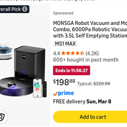 MONSGA Robot Vacuum and Mop Combo, 6000Pa Robotic Vacuum with 3.5L Self Emptying Station, Lidar Navigation Robot Vacuum Cleaner, 180mins Runtime, APP/