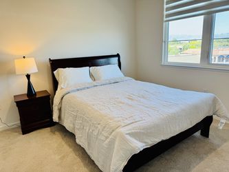 Bed, Bedframe, Mattress, NIght Stand, Lamp for Sale