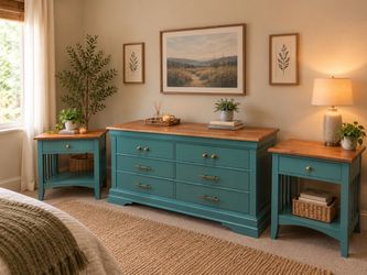 Vintage Teal Bedroom Set – Dresser & 2 Nightstands