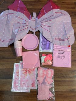 Pink bow coquette Party Supplies Bundle Birthday Decorations
