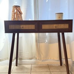 Loft & Luv Remy Boho Mid-Century Natural Rattan Console Table with Drawer and Open Shelf, Walnut Fin
