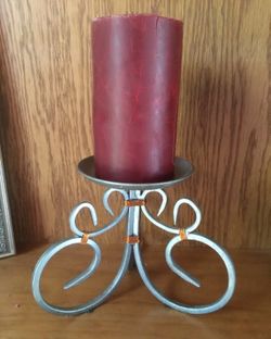 Wrought Iron Pillar Candle Holder Copper Accent Triple Curl Padded Bottom