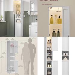 Tall Storage Cabinet with Lights, Slim Freestanding Cabinet with Adjustable Shelves, for Small Spaces, Bathroom, Living Room, Modern, 11.8