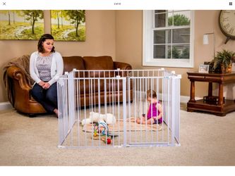 Baby gate 4 in 1 play yard. It’s new in box 192 inches wide or 16 feet’s wide adjustable
