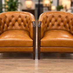 Set of 2 Tufted Vegan Leather Accent Chairs with Solid Wood Frame - Cognac, 29x32x31”