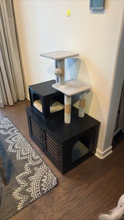 2-in-1 Cat Tree & Hidden Litter Box Enclosure Combo (Black) – Includes Bed