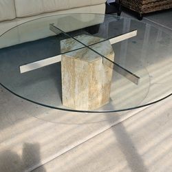 Vintage Coffee Table Italian Polished Travertine Marble Coffee  42x14.5 High 