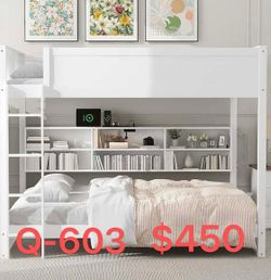 （Q-603）Queen Over Queen Bunk Bed with Storage Cabinets and USB Ports, White（3 box）