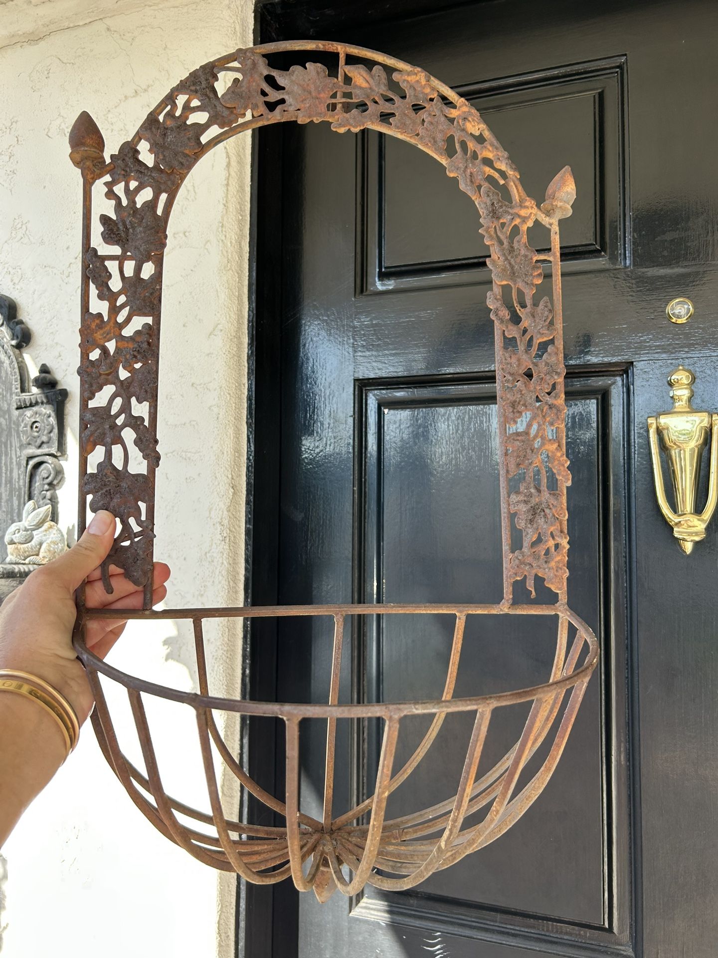 Vintage wrought iron rustic Rusty wall hanging planter plant holder shelf Antique Weathered antique French garden landscape decor, flower plant t herb