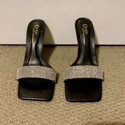 Black rhinestoned kitten heels
