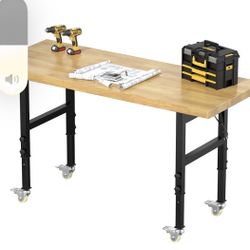 M-60" Solid Wood Work Bench with Wheels, Work Table with Power Outlet, Heavy-Duty Workbench, 3000 LBS Load Capacity Portable Workbench for Garage, Wor